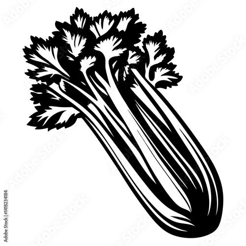 Monochrome Celery Stalk Illustration with Detailed Leafy Top and Elongated Stalk