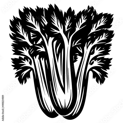 Bold black and white illustration of fresh celery vegetable bunch
