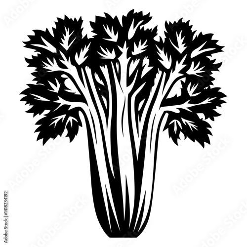 Monochrome image of a bushy bunch of celery stalks with lush leaves