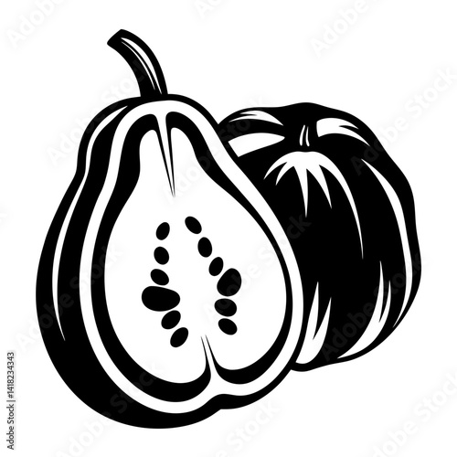 Black and White Vector Illustration of Two Gourds with One Cut in Half