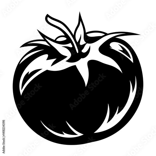 Striking monochrome tomato illustration with bold, stylized leaves and artistic flair