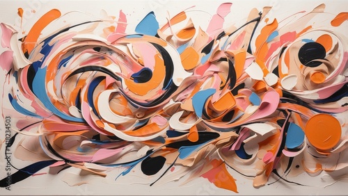Abstract painting featuring bold strokes and vibrant colors including orange, blue, pink, and white