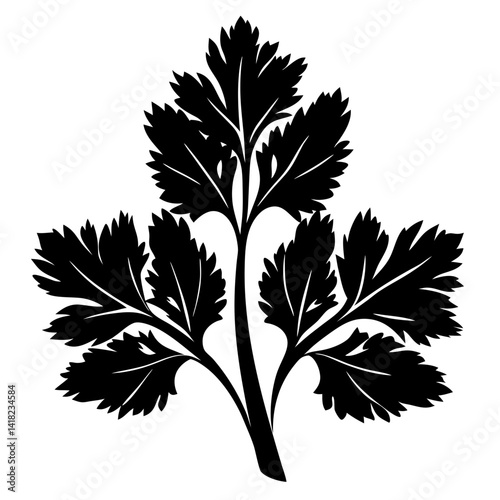 Stylized monochrome illustration of cilantro or parsley leaves on white background