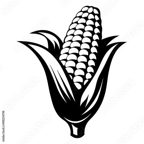 Stylized black and white illustration of an ear of corn with husks