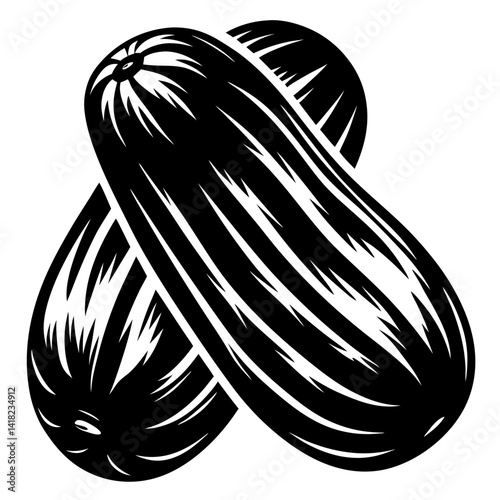Stylized monochrome image of two interlaced zucchini vegetables on a white background
