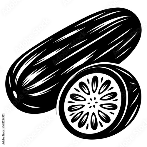 Elegant black and white vector graphic of a cucumber and slice