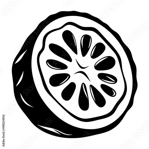 Black and white stylized illustration of a sliced citrus fruit segment