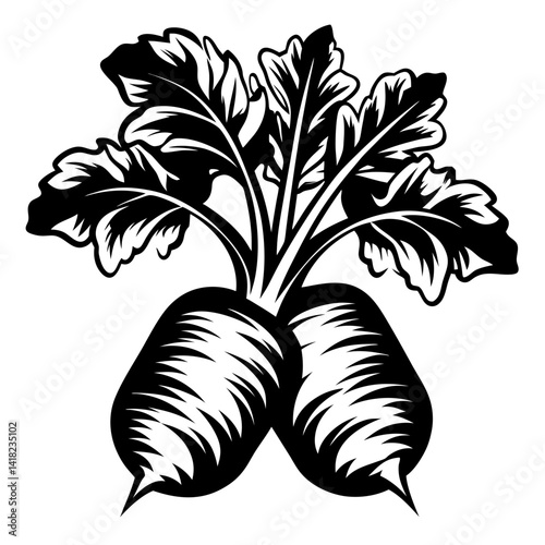 Stylized monochrome illustration of two radishes with detailed leaves on top