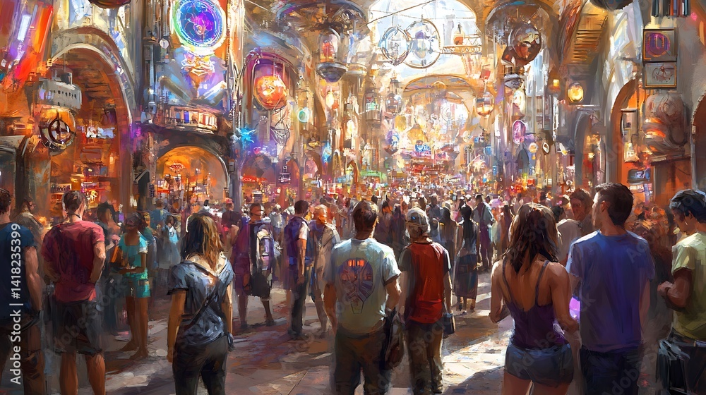 Vibrant marketplace, bustling crowd, sunlight Vibrant marketplace, bustling crowd, sunlight