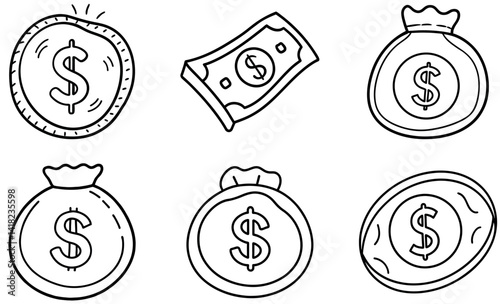 Black and White  Hand drawn Money Bag and Dollar Bill Icons