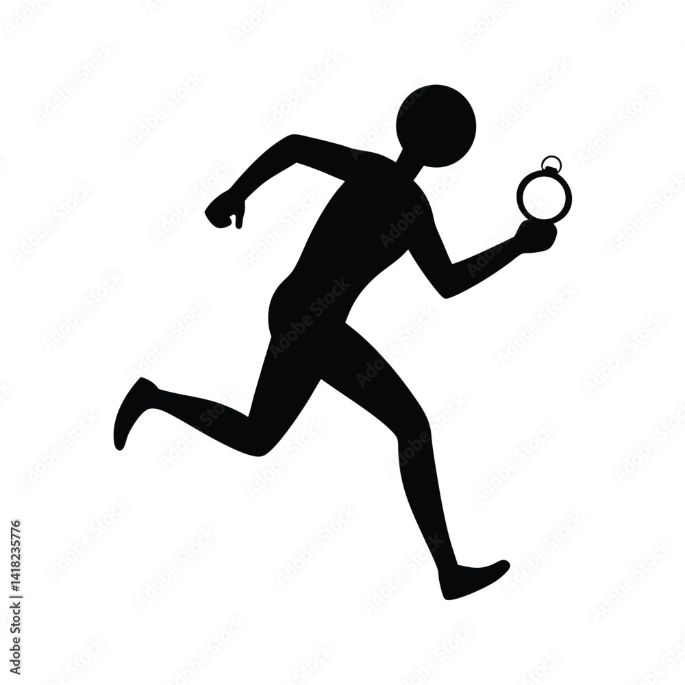 Black Silhouette Runner with Stopwatch Pose on White Black Silhouette Runner with Stopwatch Pose on White