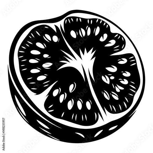Monochrome illustration of a sliced open citrus fruit with detailed pulp