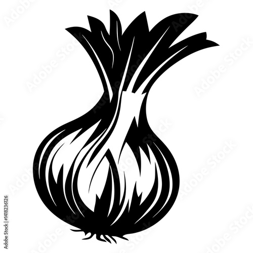 Striking monochrome drawing of an onion with detailed root and stem depiction