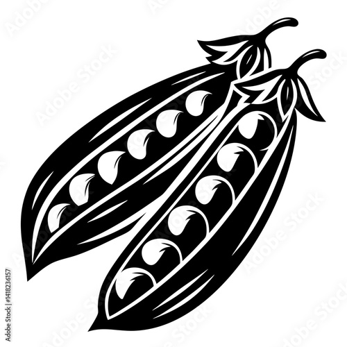 Monochrome illustration of two open pea pods with peas inside depicted
