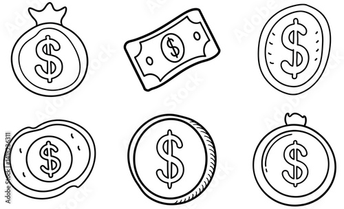 Black and White  Hand drawn Money Bag and Dollar Bill Icons