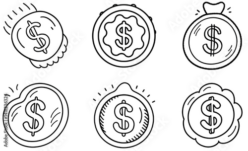 Black and White  Hand drawn Money Bag and Dollar Bill Icons