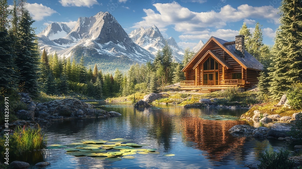 Fototapeta premium Scenic Mountain Log Cabin Peaceful Lake Nature Landscape Tranquil Summer Vacation Home Beautiful Wooden House Majestic Mountain Range Serene Water 
