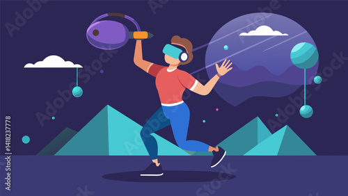 A user focuses on their breathing as they perform kettlebell swings in the virtual world feeling the wind on their face and the weight in their hands. Vector illustration
