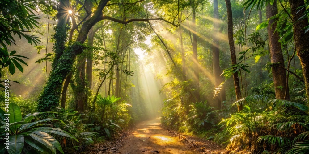 Naklejka premium Golden Light Filtering Through a Tropical Forest Canopy, Wide Shot, Lush Green Foliage, Sunlight Rays, Jungle Path, Nature, Tropical Rainforest