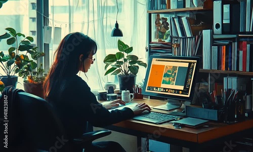 Woman working on graphic design at home office.