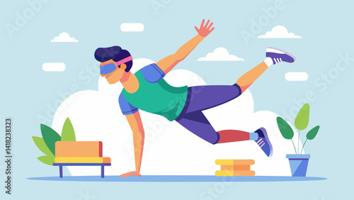 A user incorporating VR parkour in their daily fitness routine enjoying a fun and fastpaced workout that improves their strength endurance and. Vector illustration