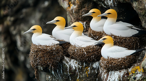Six birds with yellow heads and white bodies nest on the rocks creating a harmonious and natural nesting habitat