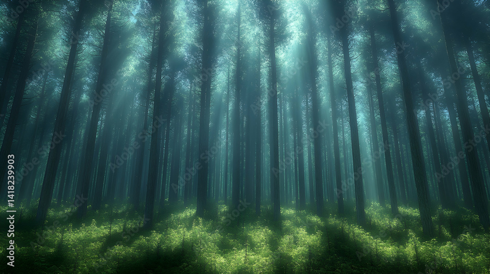 Naklejka premium Sunbeams stream through a dense forest illuminating the verdant undergrowth Tall trees stretch upwards toward the ligh