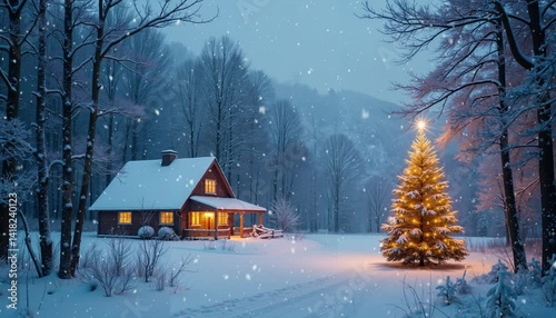 Winter landscape with cozy cabin and glowing Christmas tree, warm and cool tones, representing a peaceful holiday scene during snowfall