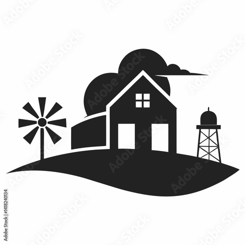Rural farm landscape silhouette with house windmill and water tower illustration