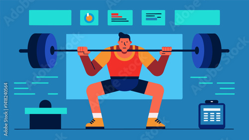 In a virtual weightlifting session a powerlifter analyzes their form and receives data on their lifts to ensure proper technique and prevent injuries.. Vector illustration