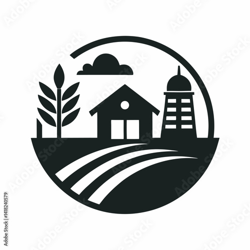 Agricultural farm icon graphic with grain barn and silo within circular shape