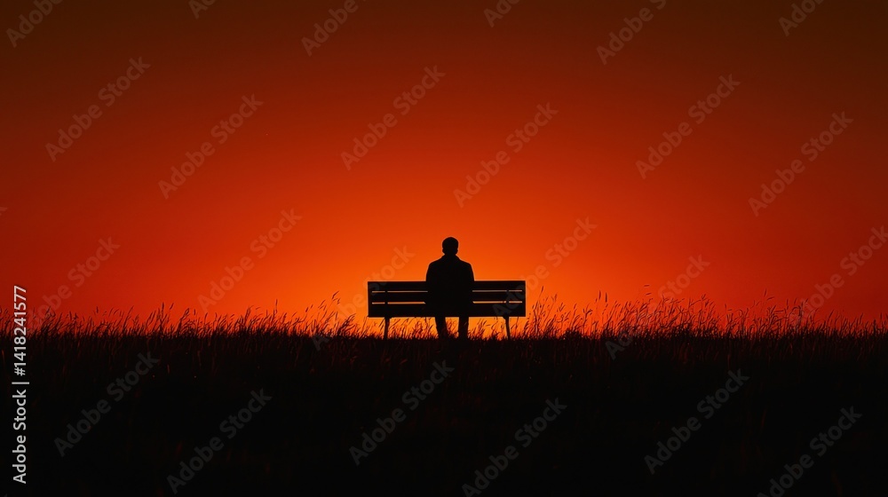 Fototapeta premium Silhouette figure sits alone on bench at sunset