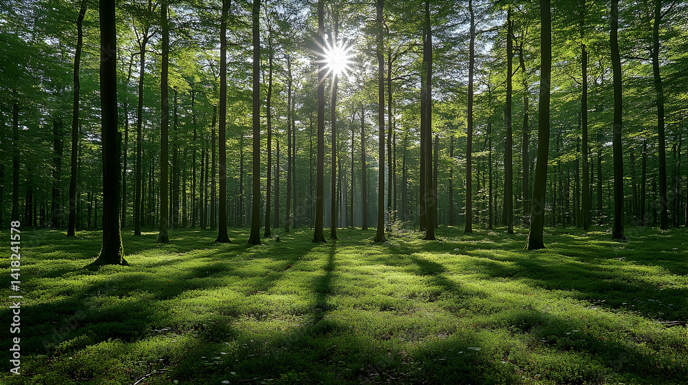 Verdant forest floor stretches beneath tall trees sunlight streaming through the canopy creating shadow patterns acros Verdant forest floor stretches beneath tall trees sunlight streaming through the canopy creating shadow patterns acros