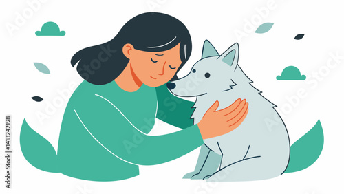 A sketch of a person crying into their emotional support animals fur as the animal calmly comforts them.. Vector illustration