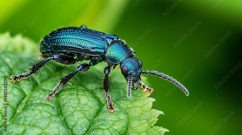 Naklejka premium Stunning Jewel Beetle Macro Photography Green Leaf Vibrant Blue Green Colors Detailed Insect Nature Closeup Photography Wildlife Detailed Texture Amazing Insect World Detailed View Green Background