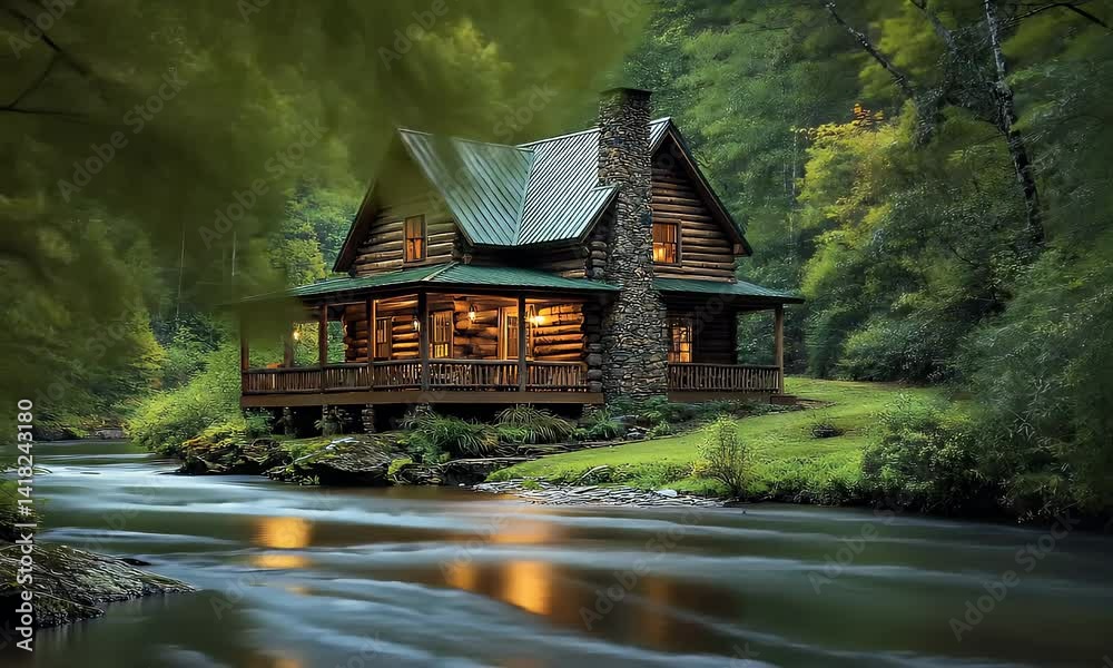 Wooden cabin house near river in forest  

