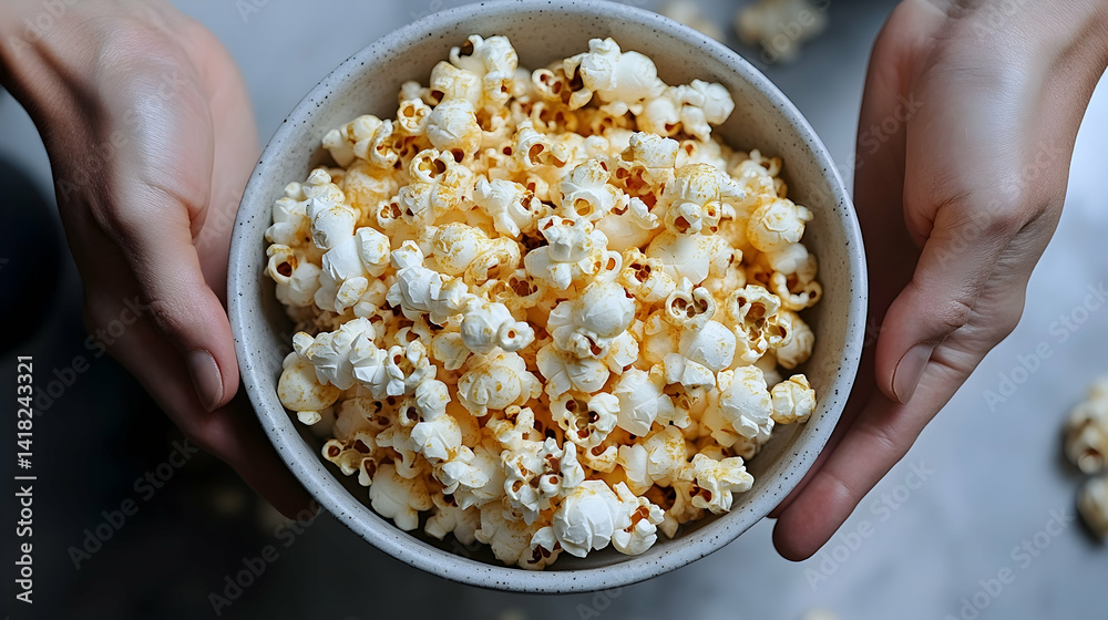 Hands hold a speckled bowl filled with freshly popped popcorn a tasty snack ready to enjoy Light background cozy mood Hands hold a speckled bowl filled with freshly popped popcorn a tasty snack ready to enjoy Light background cozy mood