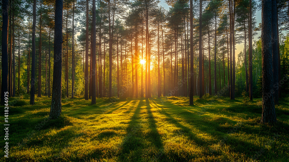 Naklejka premium Golden sunlight filters through the tall trees illuminating the lush forest floor and creating a serene enchanting atm