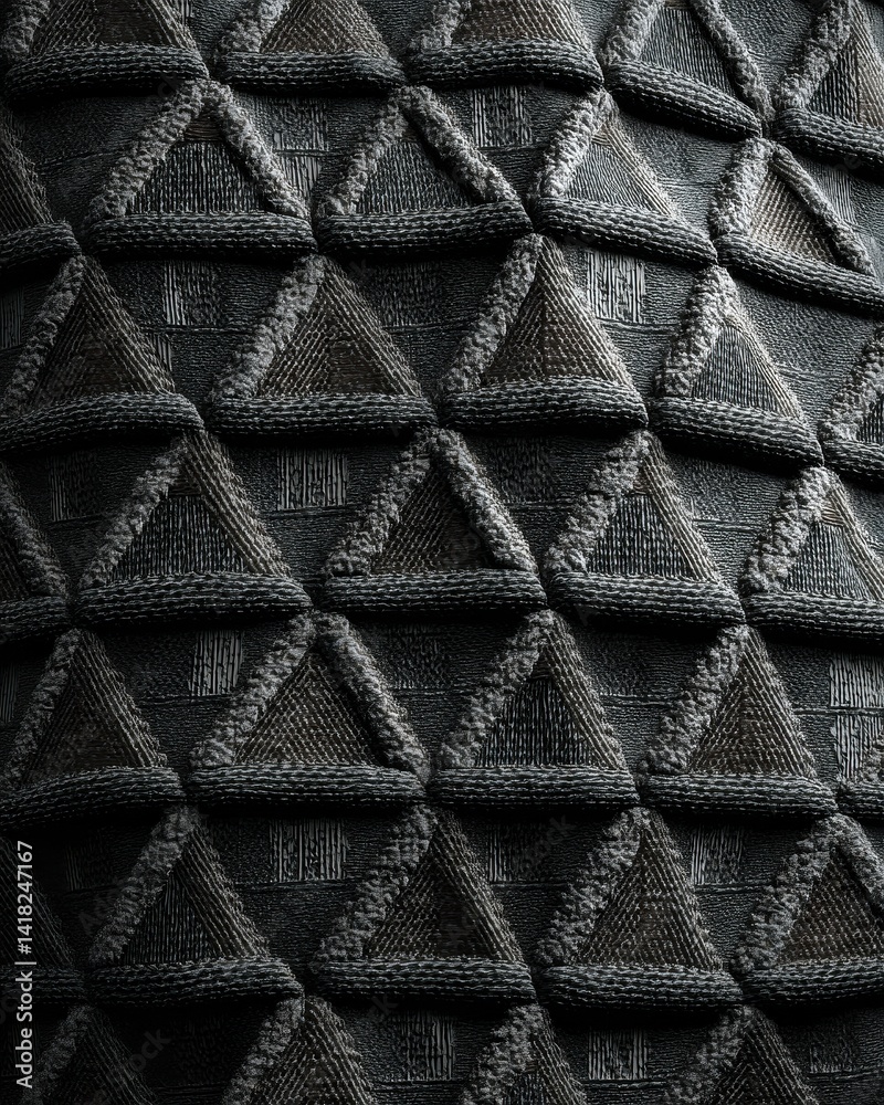 Fototapeta premium Textured surface with repeating triangle pattern. Dark gray and neutral tones create depth and visual interest. Modern design.
