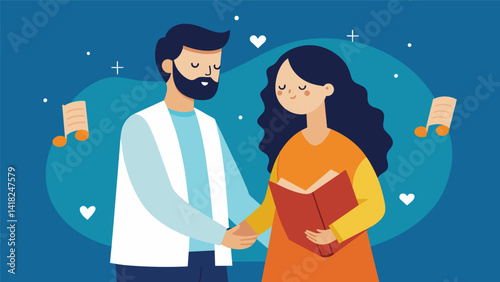 Couples held hands and sang hymns together their faith and love for each other evident in their intertwined fingers.. Vector illustration