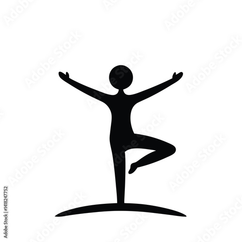 Black Silhouette Yoga Tree Pose on White Background