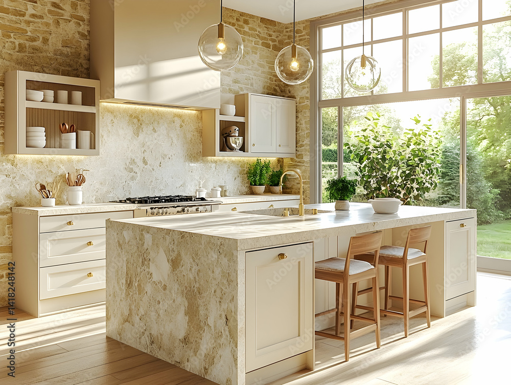 Bright kitchen with island textured walls and large windows overlooking a lush garden Natural light floods the space Bright kitchen with island textured walls and large windows overlooking a lush garden Natural light floods the space