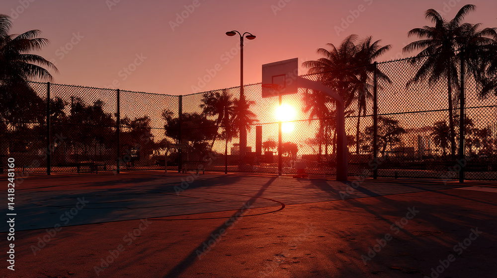 Naklejka premium Sunset view of outdoor basketball court, palm trees silhouetted against fiery sky. Scene evokes feelings of warmth, tranquility, and summer evenings.