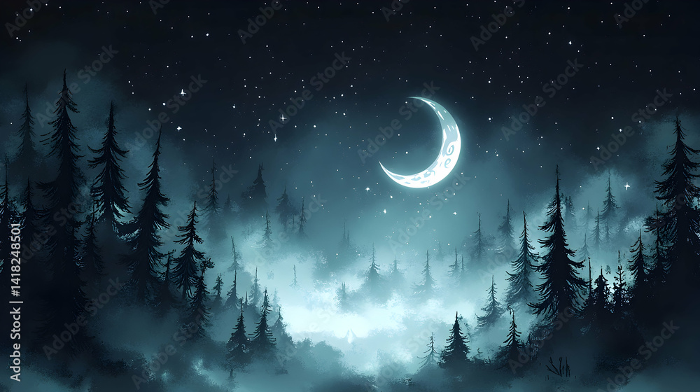 Naklejka premium Misty Forest at Night