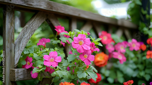 Pink Flowers Cascading Over Wooden Garden Fence