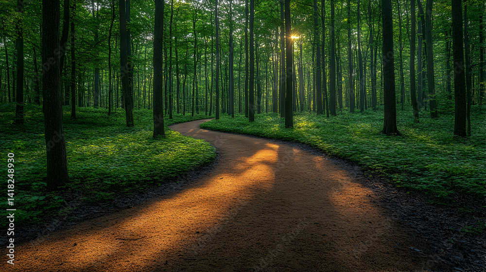 Fototapeta premium Sunlight shines through forest trees illuminating a path Greenery covers the ground in this tranquil natural woodland