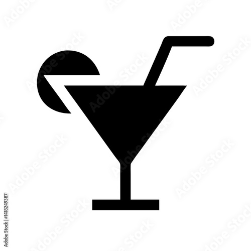 Black cocktail glass silhouette with lemon and straw  