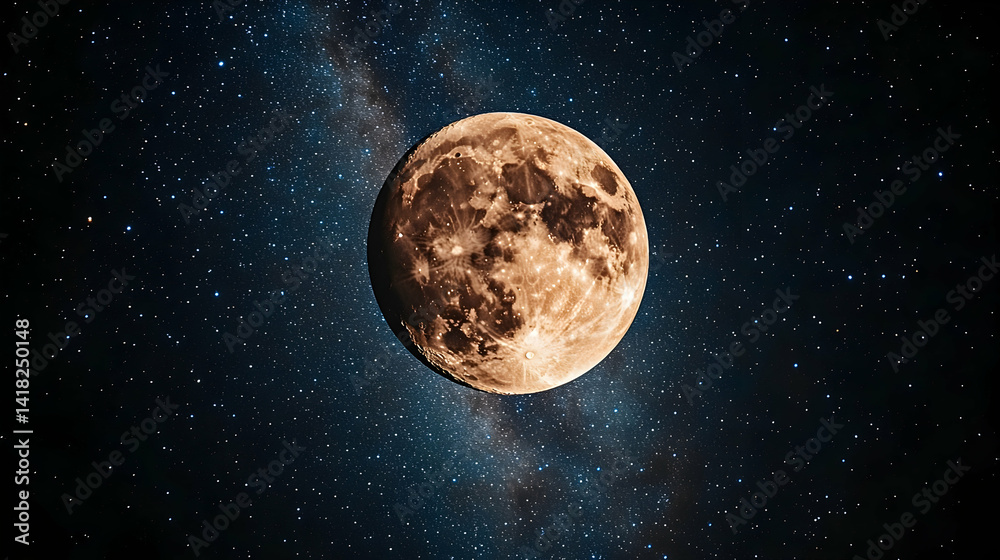 Fototapeta premium Large detailed moon with craters shown against a dark starry background with hints of the Milky Way visible