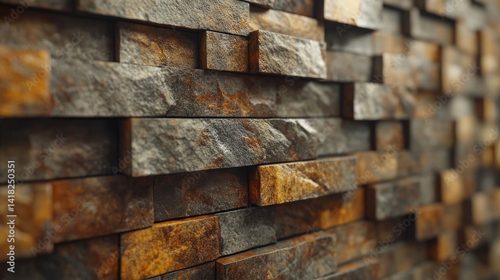 Close-up view of a textured stone wall composed of irregular bricks. Close-up view of a textured stone wall composed of irregular bricks.