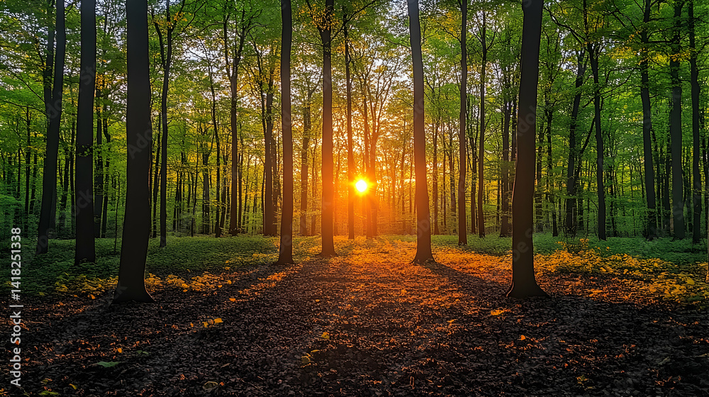 Fototapeta premium Forest view with sun shining through tall trees creating light patterns on the forest floor Leaves adorn trees with gr